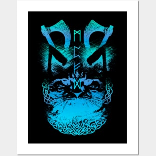 Abstract Cat in Viking Style - Blue Posters and Art